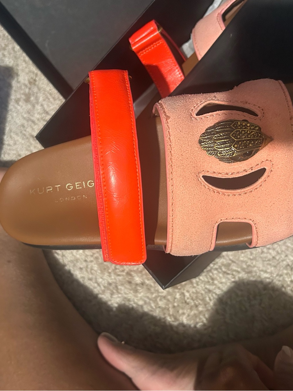 Kurt Geiger Coral Pink Suede and Bright Orange Slide Sandals